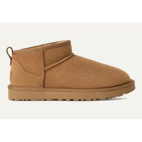 UGG Womens Classic Ultra Mini Ankle Boots Size 5 Chestnut Brown Suede Sheepskin - Picture 1 of 11